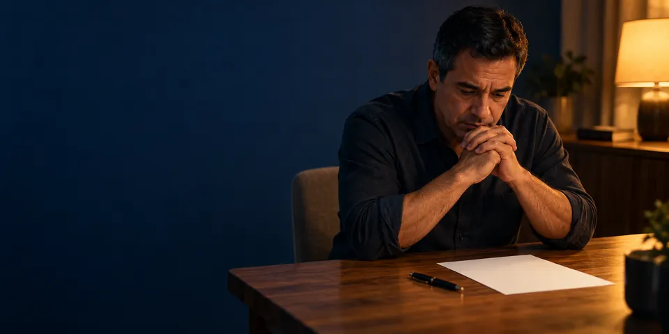 Homem sentado à mesa, à noite, com as mãos unidas diante do rosto, olha para uma folha em branco e uma caneta.