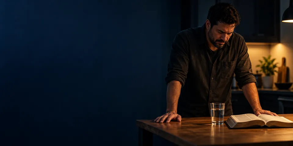 Homem apoia as mãos na mesa da cozinha, de cabeça baixa, diante de uma Bíblia aberta e de um copo d’água.