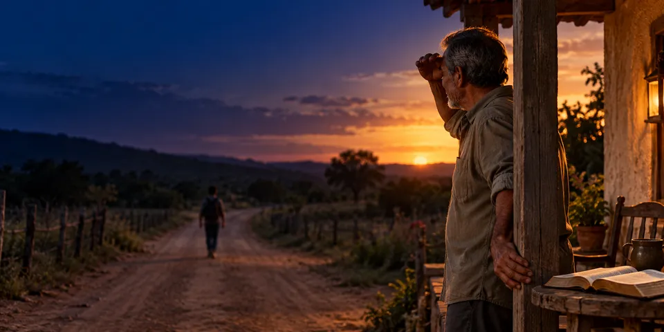 Homem idoso na varanda protege os olhos do sol poente para ver alguém que se aproxima pela estrada de terra; na mesa, uma Bíblia aberta.