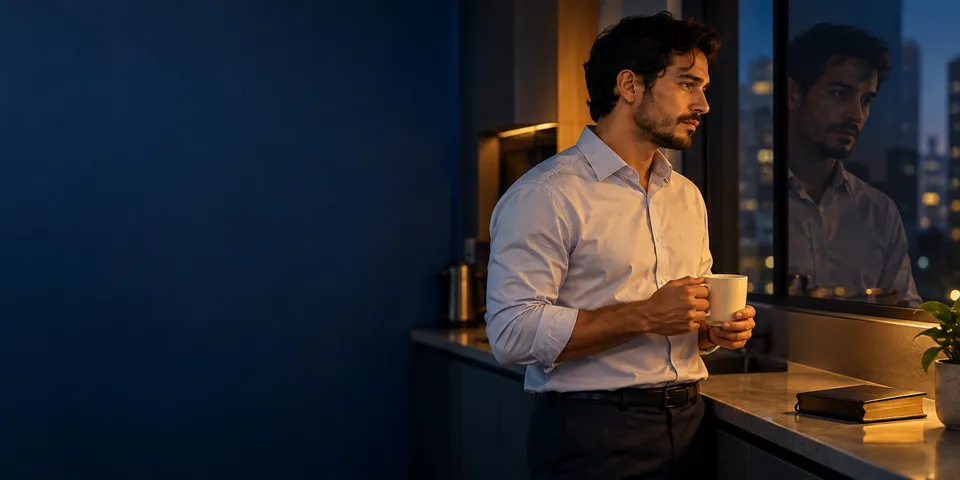 Homem de camisa social segura uma xícara junto à janela do escritório à noite, com o olhar triste refletido no vidro; no balcão, uma Bíblia.