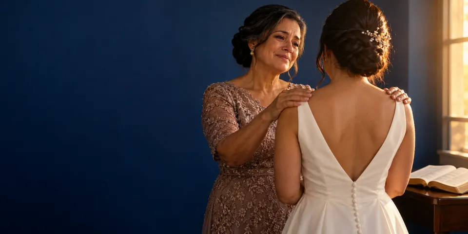 Mãe emocionada, com as mãos nos ombros da filha vestida de noiva, a abençoa; ao lado, uma Bíblia aberta.
