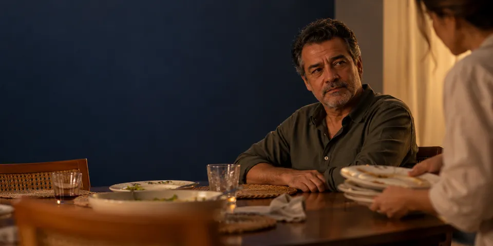 Homem sentado à mesa depois do jantar olha com atenção para uma mulher que recolhe os pratos.