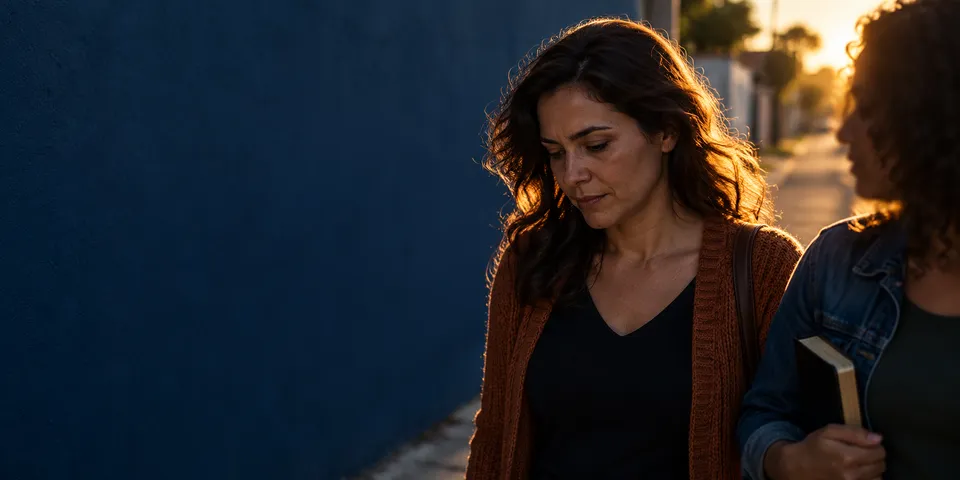 Mulher de olhar baixo caminha ao entardecer ao lado de uma amiga que leva uma Bíblia na mão.