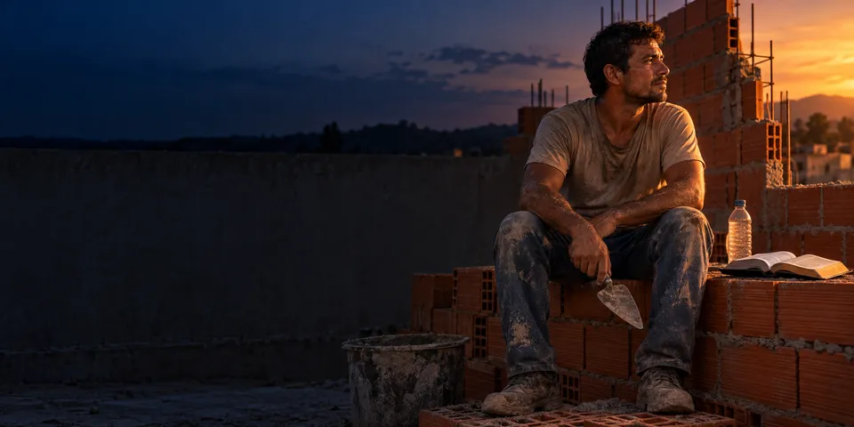 Pedreiro cansado sentado sobre um muro de tijolos inacabado ao pôr do sol, com uma garrafa de água e uma Bíblia aberta ao lado.