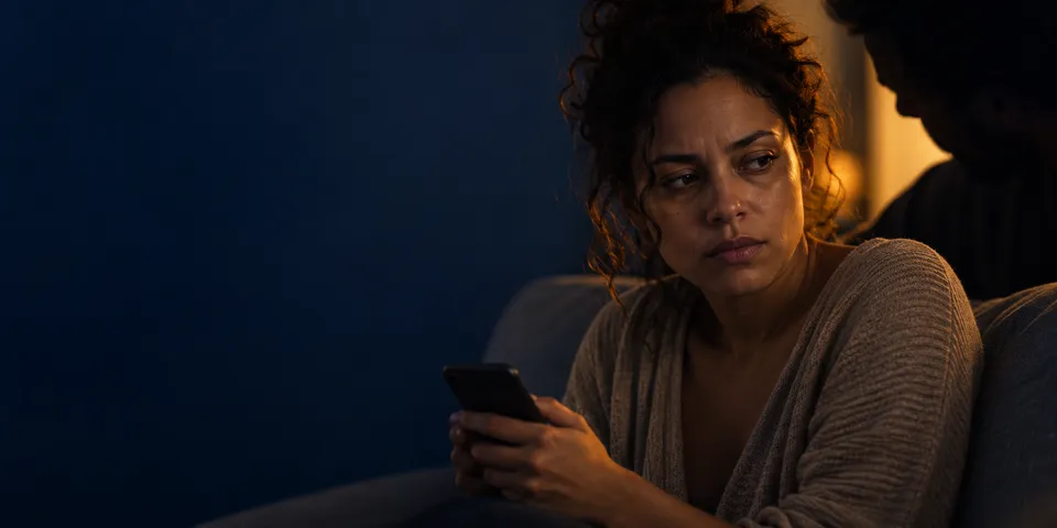 Mulher sentada no sofá olha para o lado, pensativa, com o celular na mão; ao fundo, a silhueta de outra pessoa.