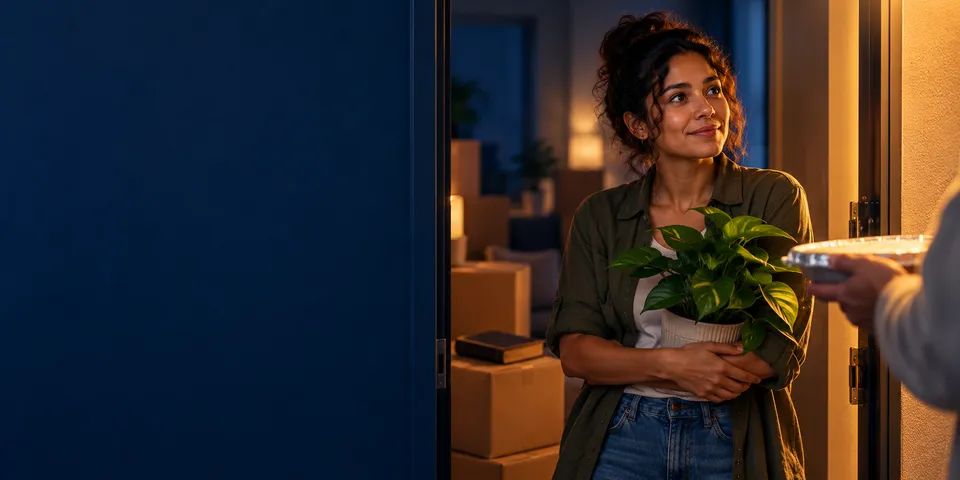 Mulher recém-mudada, à porta do apartamento cheio de caixas, segura um vaso de planta e sorri para uma vizinha que lhe oferece um prato.