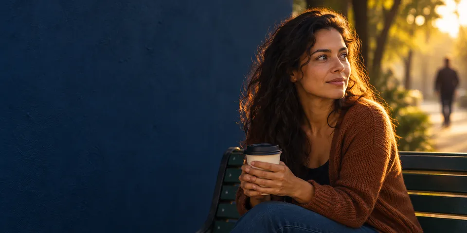 Mulher sentada num banco de praça ao entardecer, com um café nas mãos, sorri olhando para alguém que se aproxima.