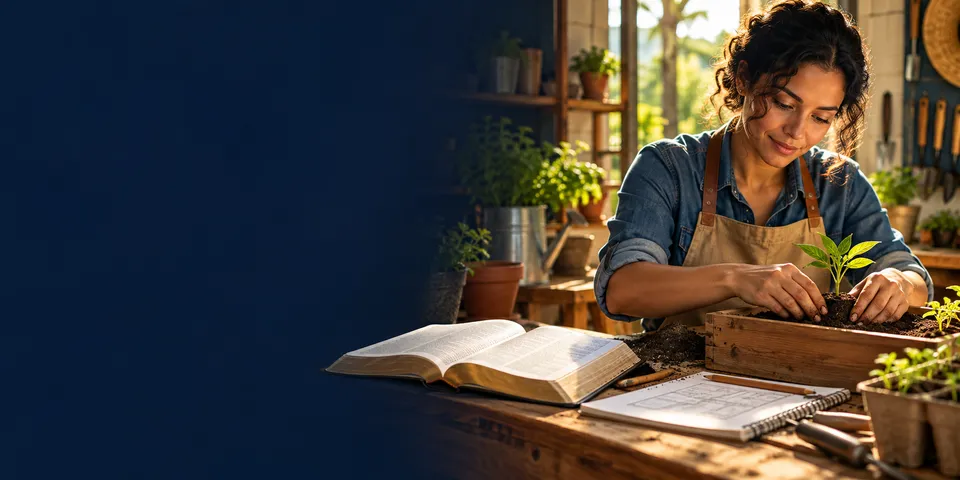 Mulher de avental planta uma muda numa caixa de madeira, sorrindo, com uma Bíblia aberta e um caderno sobre a mesa.
