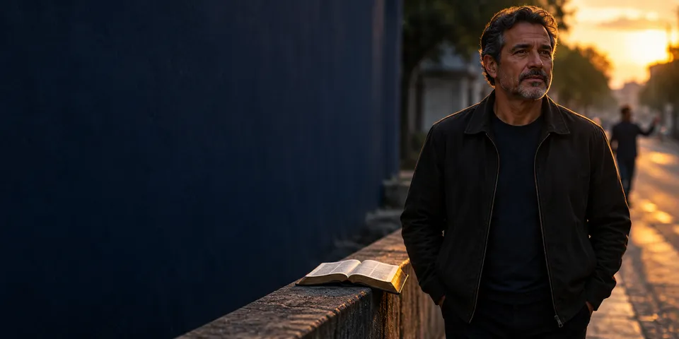 Homem de jaqueta escura, de pé numa rua ao pôr do sol, com expressão contida; atrás dele, alguém se afasta, e uma Bíblia aberta repousa no muro.