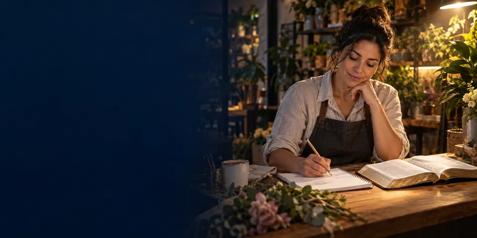 Empreendedora de avental numa floricultura, à noite, faz anotações num caderno ao lado de uma Bíblia aberta, sob a luz de uma luminária.