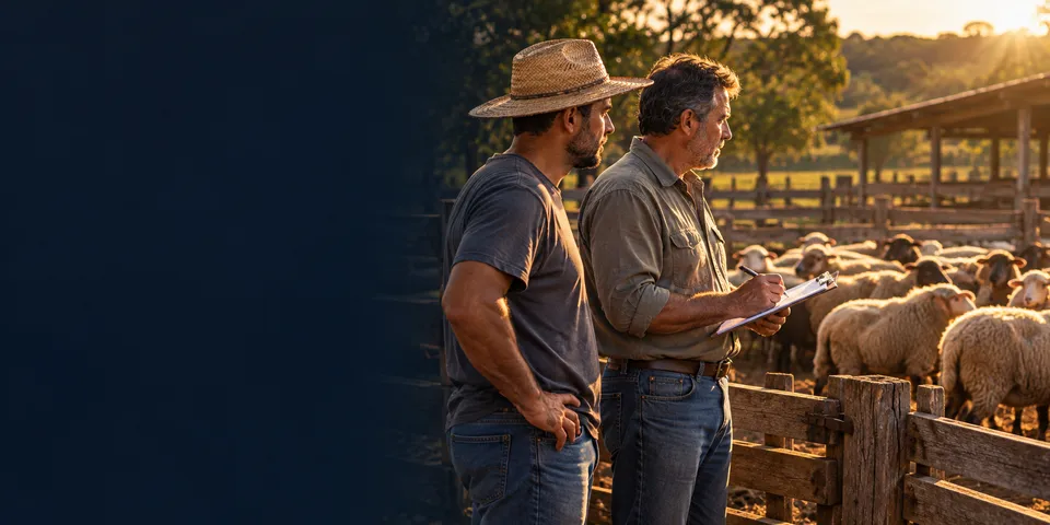 Dois homens junto à cerca de um curral, ao entardecer: o proprietário anota numa prancheta e o peão de chapéu de palha observa o rebanho de ovelhas.