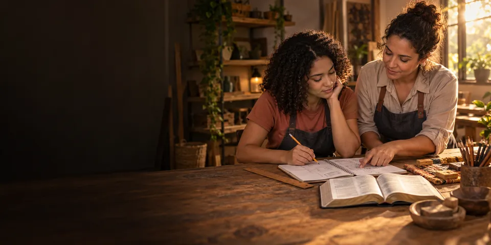 Duas mulheres de avental numa oficina iluminada pelo sol: a mais experiente aponta um desenho no caderno enquanto a mais jovem anota, com uma Bíblia aberta sobre a mesa de madeira.