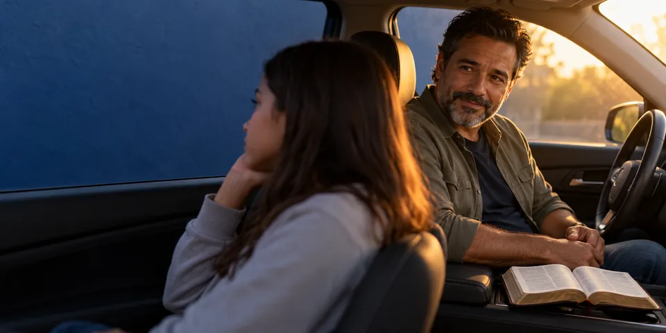 Pai e filha adolescente conversam dentro do carro parado ao entardecer; no console, uma Bíblia aberta.