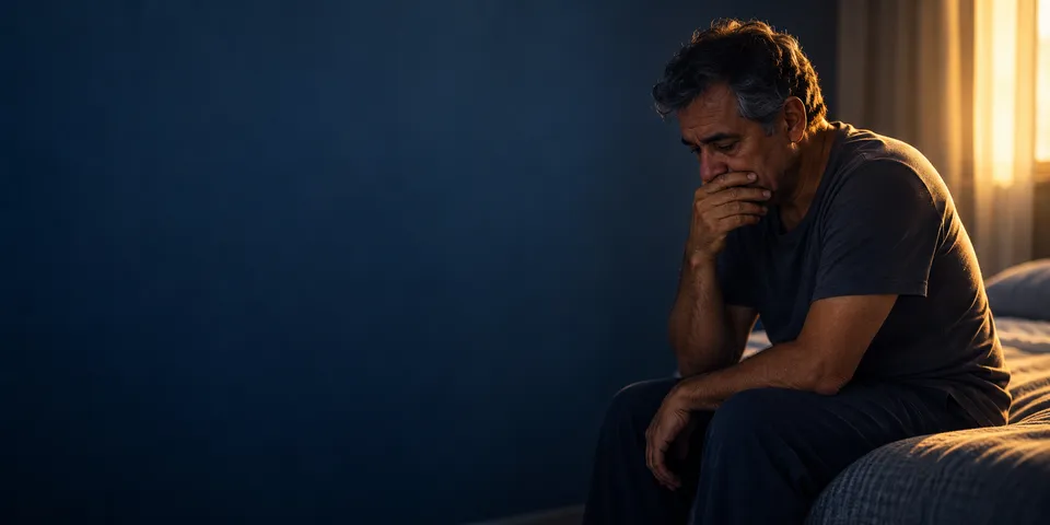 Homem sentado na beira da cama, com a mão sobre a boca, em silêncio e emocionado, à luz que entra pela janela.