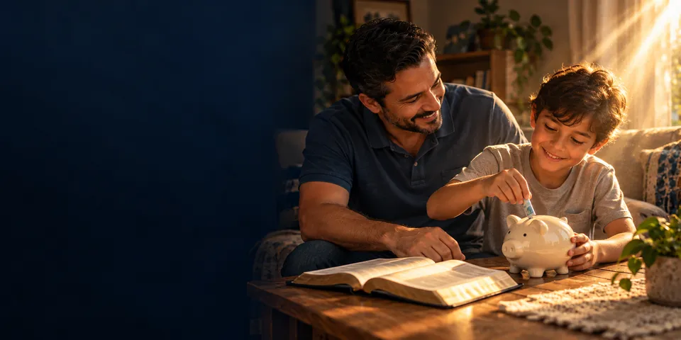Pai e filho sorridentes à mesa. O menino coloca uma cédula no cofrinho enquanto o pai o observa. Uma Bíblia aberta repousa à frente deles; luz dourada incide sobre a mão do menino.