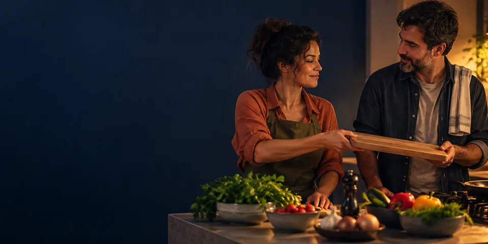 Casal cozinha junto: ela entrega a ele uma tábua, entre legumes e verduras sobre a bancada, ambos sorrindo.