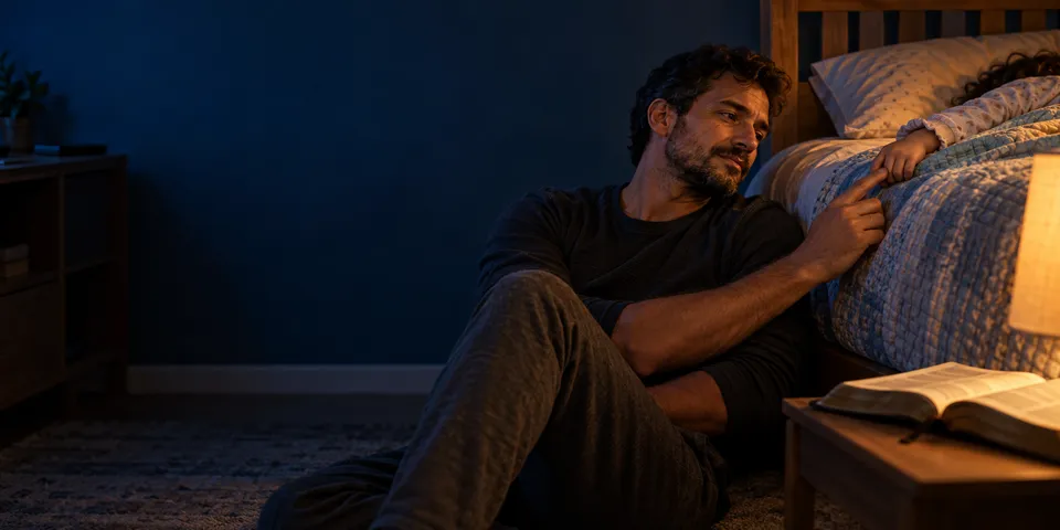 Pai sentado no chão ao lado da cama do filho, à noite, segura a mão da criança que dorme; sobre a mesa de cabeceira, uma Bíblia aberta.