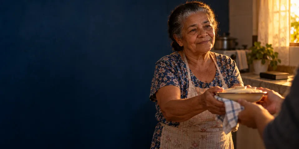 Senhora idosa de avental oferece, sorrindo, um prato de comida a alguém na cozinha iluminada pelo sol.