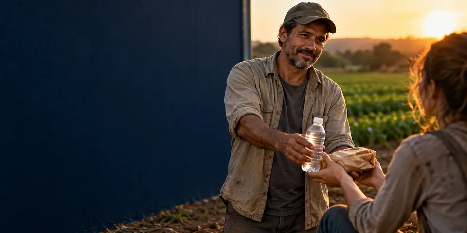 Agricultor de boné, no campo ao pôr do sol, oferece com gentileza uma garrafa de água e um pão a uma trabalhadora.