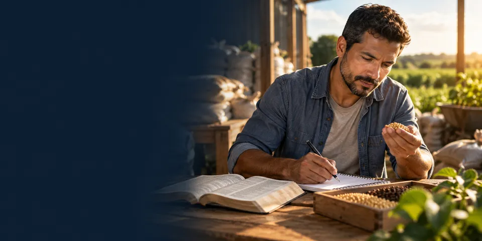 Agricultor anota num caderno enquanto examina sementes na mão, com uma Bíblia aberta sobre a mesa e a plantação ao fundo.