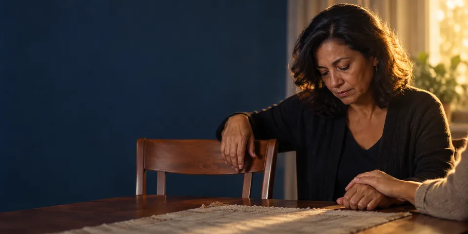 Mulher de luto sentada à mesa, de olhos baixos, apoiada na cadeira, enquanto uma mão segura a sua com carinho.