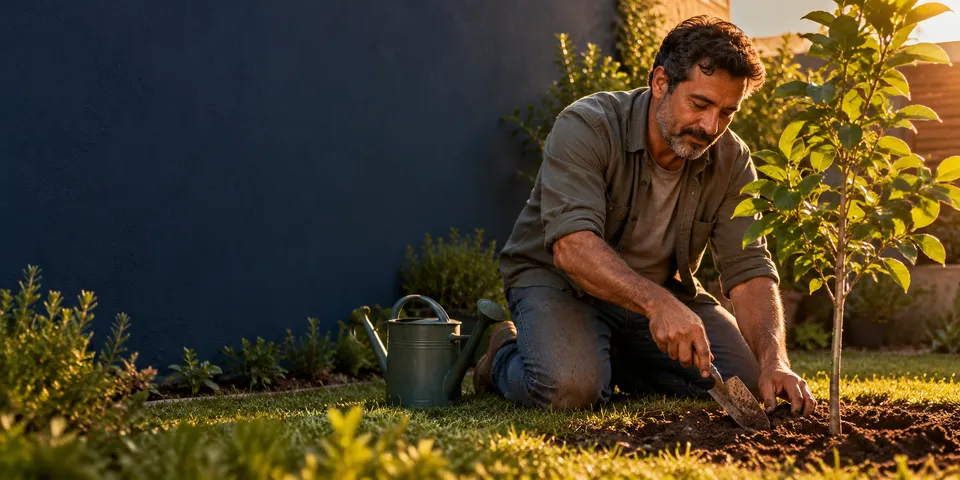Homem ajoelhado no jardim cuida com uma pá de uma pequena árvore recém-plantada, ao lado de um regador.