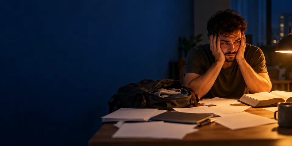 Homem à mesa, à noite, com as mãos na cabeça diante de papéis espalhados e de uma Bíblia aberta.