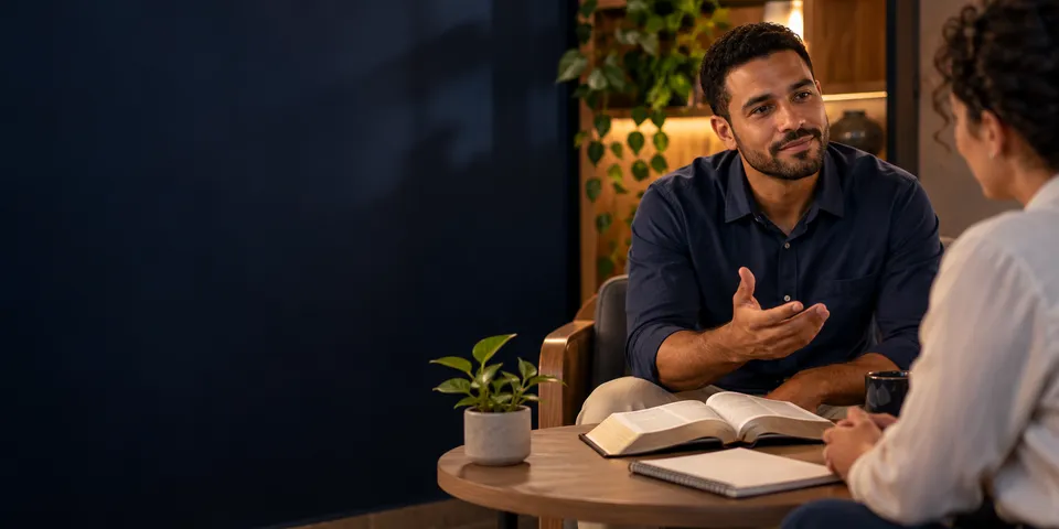Homem sentado à mesa conversa com uma pessoa de costas, gesticulando com calma; sobre a mesa, uma Bíblia aberta e um caderno.