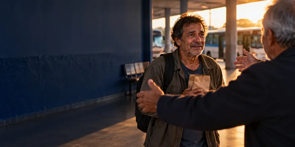 Homem mais velho, emocionado, com uma mochila e um pacote na mão, é recebido de braços abertos numa estação de ônibus.