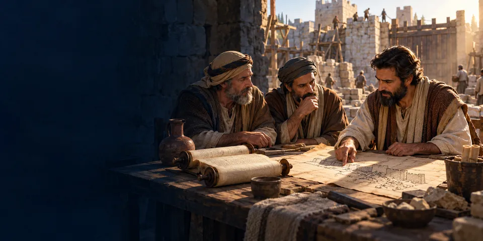 Três homens em trajes antigos estudam, sobre uma mesa de madeira, um desenho dos muros de Jerusalém ao lado de um rolo das Escrituras; ao fundo, a muralha em reconstrução.