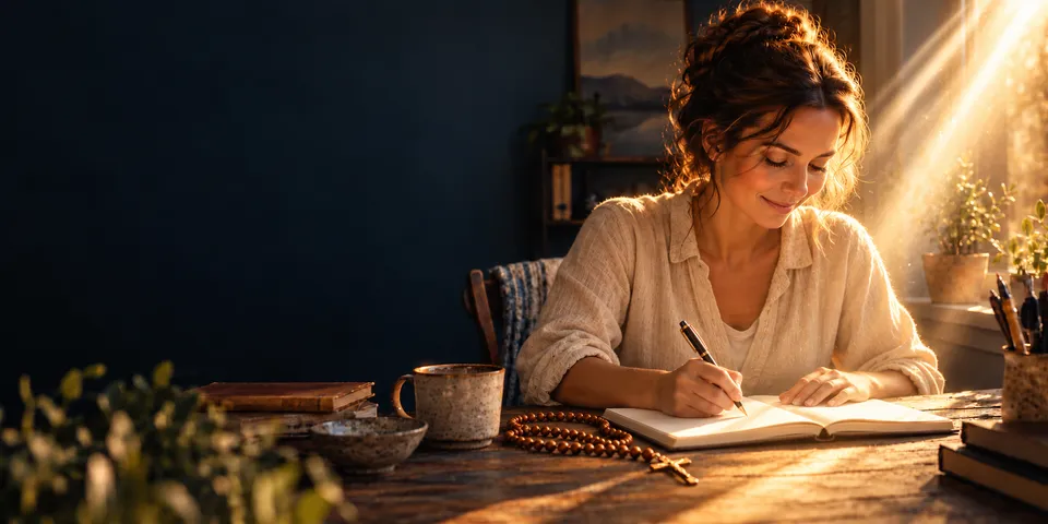 Mulher escreve num caderno aberto sobre uma mesa de madeira, iluminada por um feixe de luz que entra pela janela.