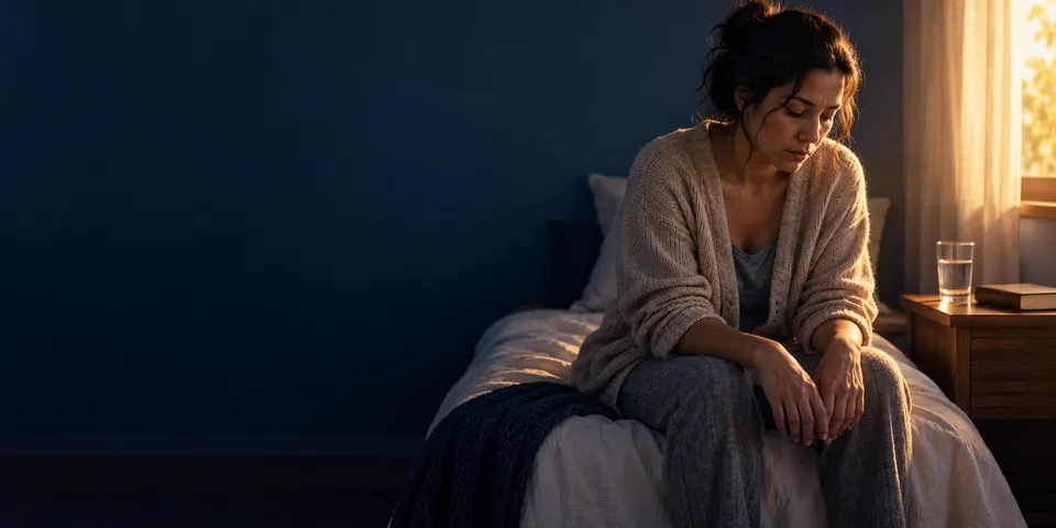 Mulher sentada na beira da cama ao amanhecer, de olhar baixo e mãos sobre os joelhos; na mesa de cabeceira, um copo de água e uma Bíblia.
