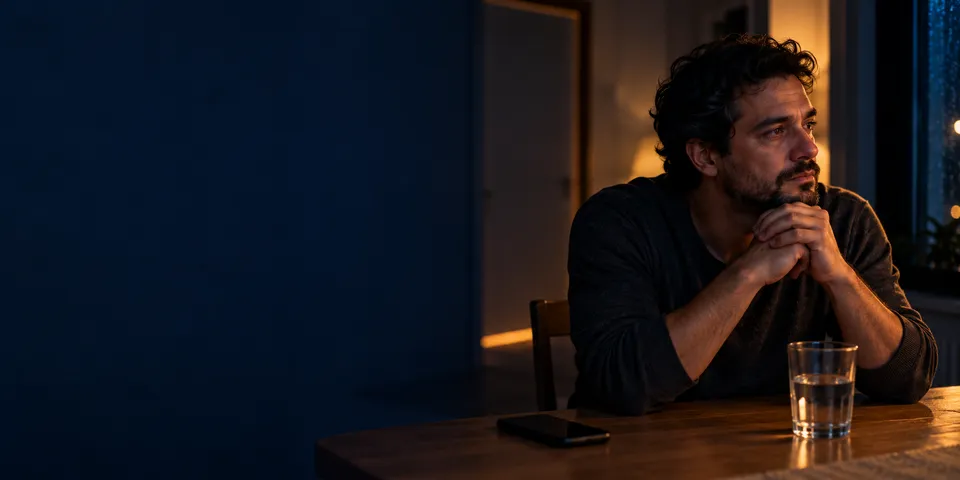 Homem sentado à mesa à noite, com as mãos unidas diante do rosto, olha para longe; à frente, um copo de água e o celular.