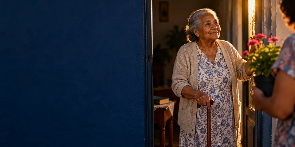 Senhora idosa, apoiada numa bengala, recebe à porta de casa uma visita que lhe traz um vaso de flores.