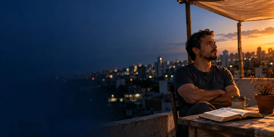 Homem de braços cruzados, sentado num terraço ao entardecer, olha a cidade com expressão fechada; à frente, uma Bíblia aberta e uma caneca.
