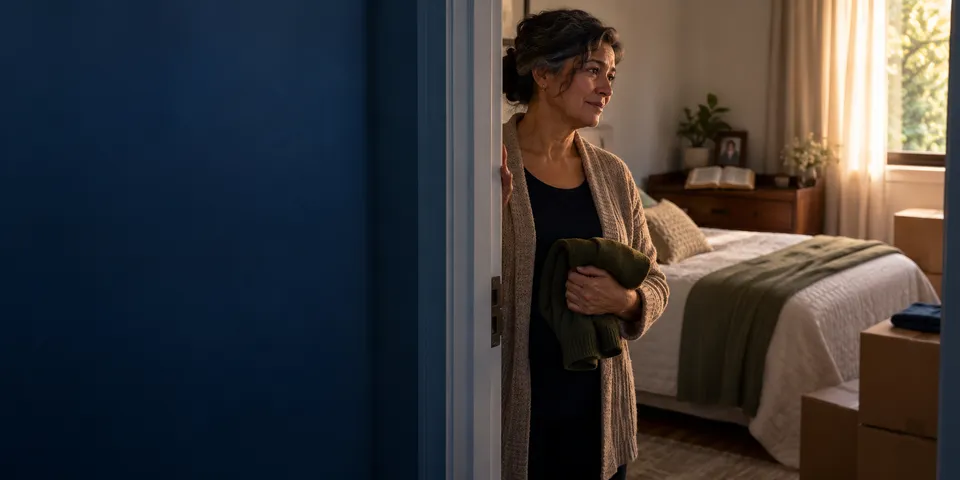 Mãe à porta do quarto vazio do filho, entre caixas de mudança, segura um agasalho dele junto ao peito.