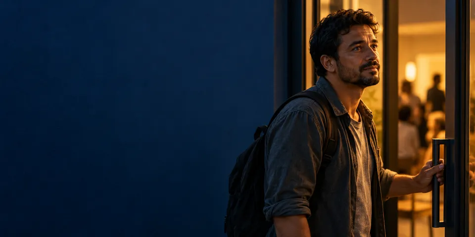 Homem de mochila nas costas para à porta de uma casa, de onde vem luz, e olha para dentro como quem decide entrar.