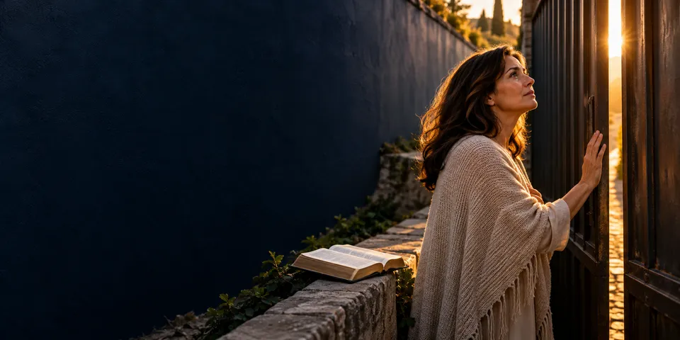 Mulher apoia a mão num portão de ferro fechado e olha para o alto, ao entardecer; sobre o muro ao lado, uma Bíblia aberta.
