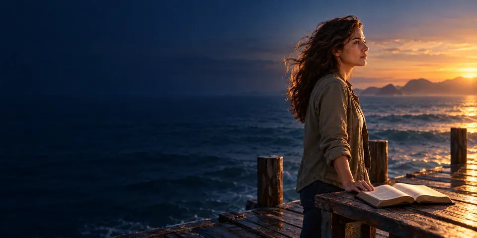 Mulher de pé num píer à beira-mar, com o vento nos cabelos, olha o horizonte ao entardecer, com a mão sobre uma Bíblia aberta.