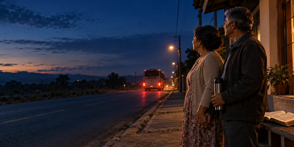 Casal de pais na calçada, à noite, vê um ônibus partir pela estrada; no banco ao lado, uma Bíblia aberta.