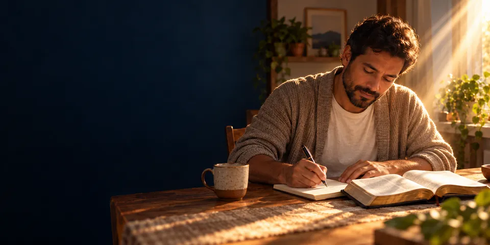 Homem escreve num caderno à mesa, ao lado de uma Bíblia aberta e de uma caneca, sob um feixe de luz dourada que entra pela janela.