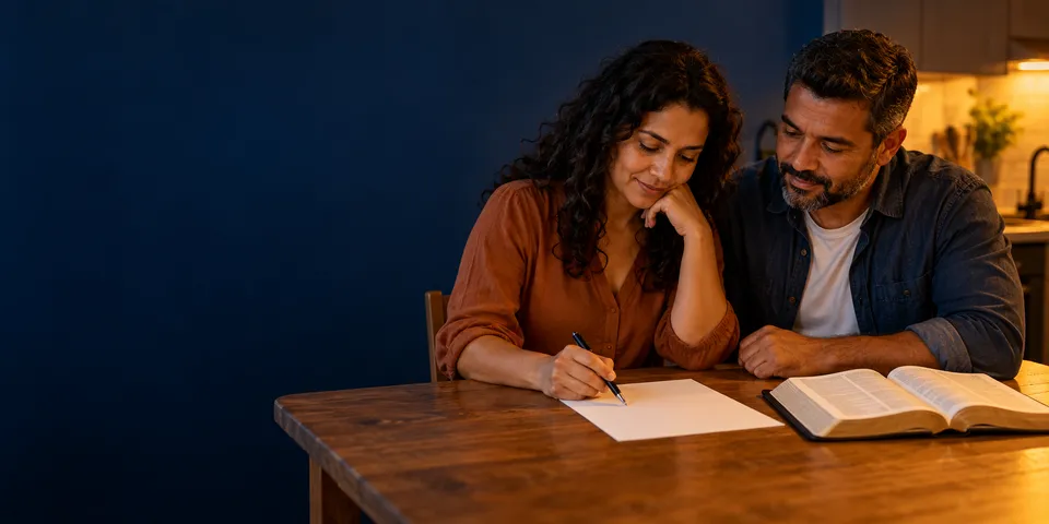 Casal sentado à mesa da cozinha escreve combinados numa folha, ao lado de uma Bíblia aberta.