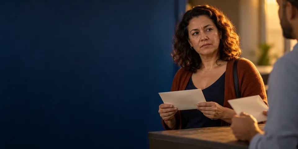 Mulher segura um papel e olha, desconfiada, para um colega que também segura um envelope.