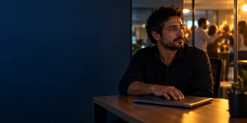 Homem sentado à mesa do escritório olha de lado, sério, para uma comemoração de colegas ao fundo.