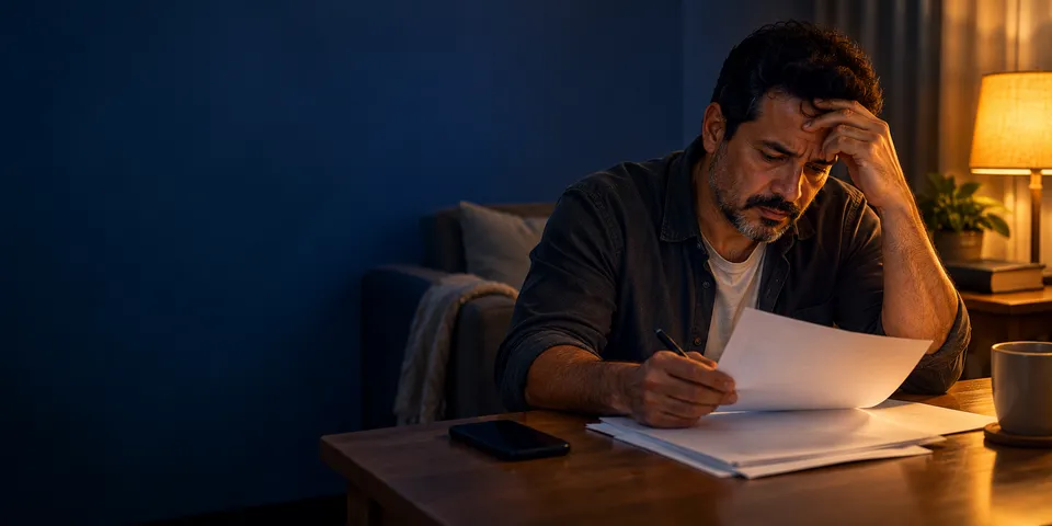 Homem à mesa da sala, à noite, com a mão na testa, lê papéis de contas e faz anotações.