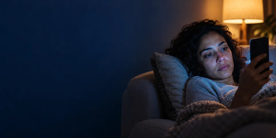 Mulher deitada no sofá à noite, com o rosto iluminado pela tela do celular e o olhar cansado.