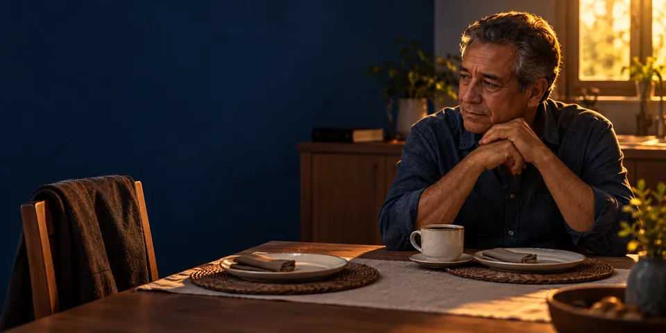 Homem sentado sozinho à mesa posta para duas pessoas, com a cadeira vazia à frente, olhando para longe.