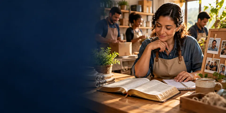 Empreendedora sorri, pensativa, à mesa com uma Bíblia aberta e um caderno; ao fundo, a equipe trabalha na loja.