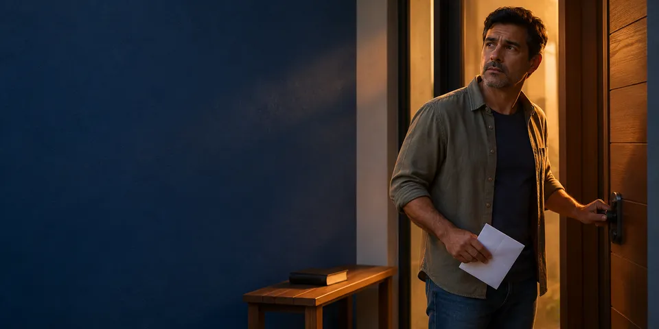 Homem à porta de casa, com um envelope na mão, olha para fora com determinação.