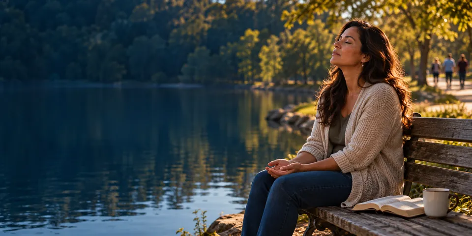 Mulher descansa num banco à beira de um lago, de olhos fechados e rosto ao sol, com uma Bíblia aberta e uma caneca ao lado.